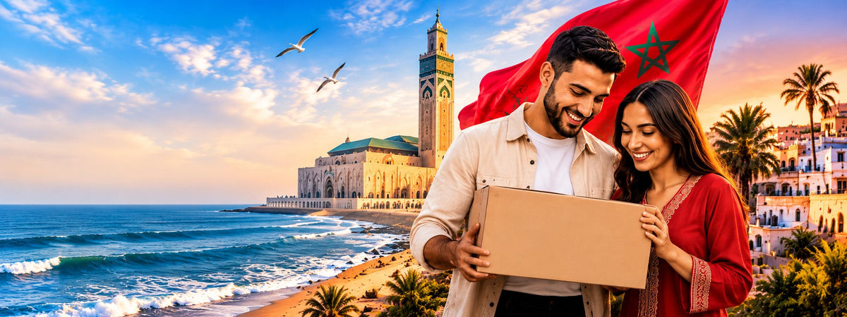 Couple marocain recevant un colis Moroco Trend devant la mosquée Hassan II