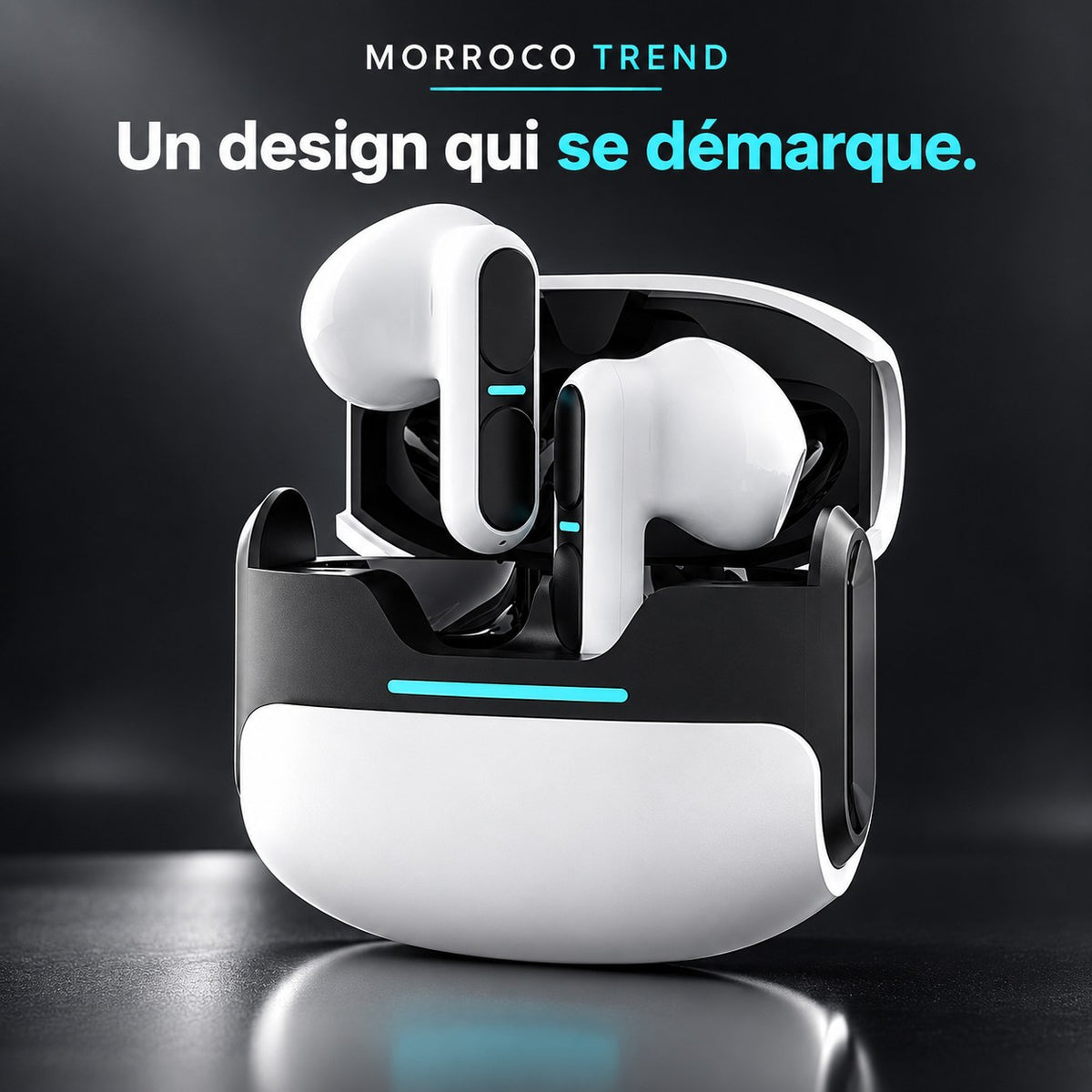 Design des écouteurs Langsdom Theta avec lumière LED bleue