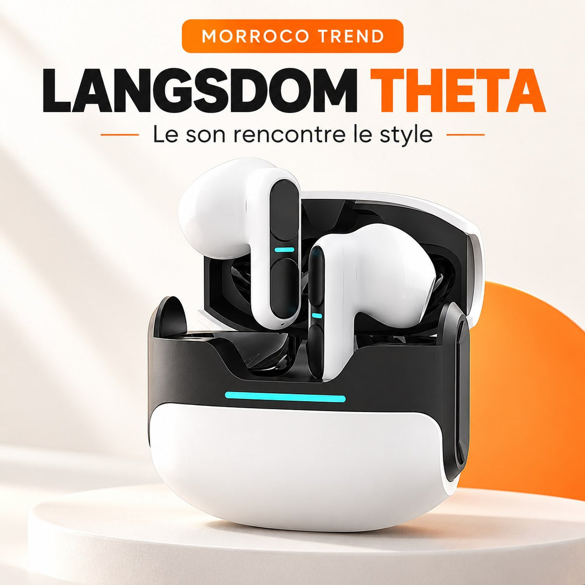 Écouteurs sans fil Langsdom Theta dans leur étui de charge blanc et noir