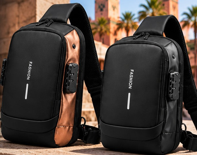 Sac antivol bandoulière, coloris noir et bronze et noir