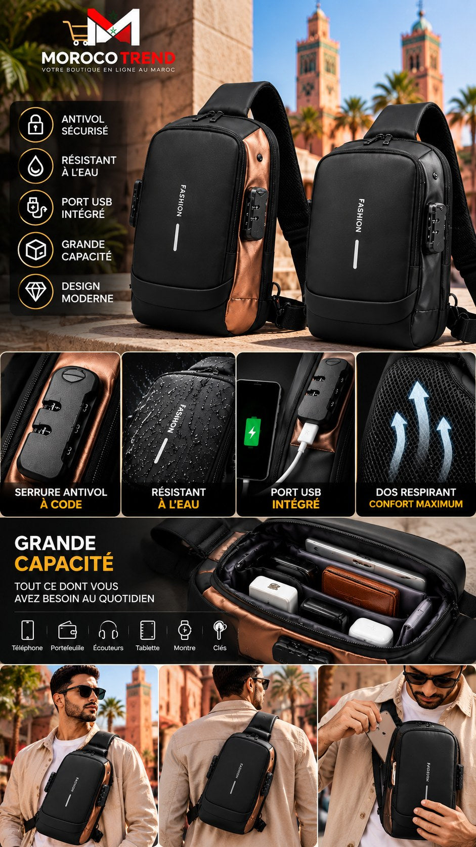 Détails du sac antivol bandoulière
