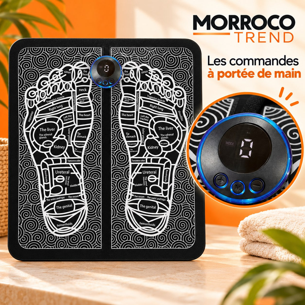 Boutons de commande du tapis de massage : plus, mode et moins