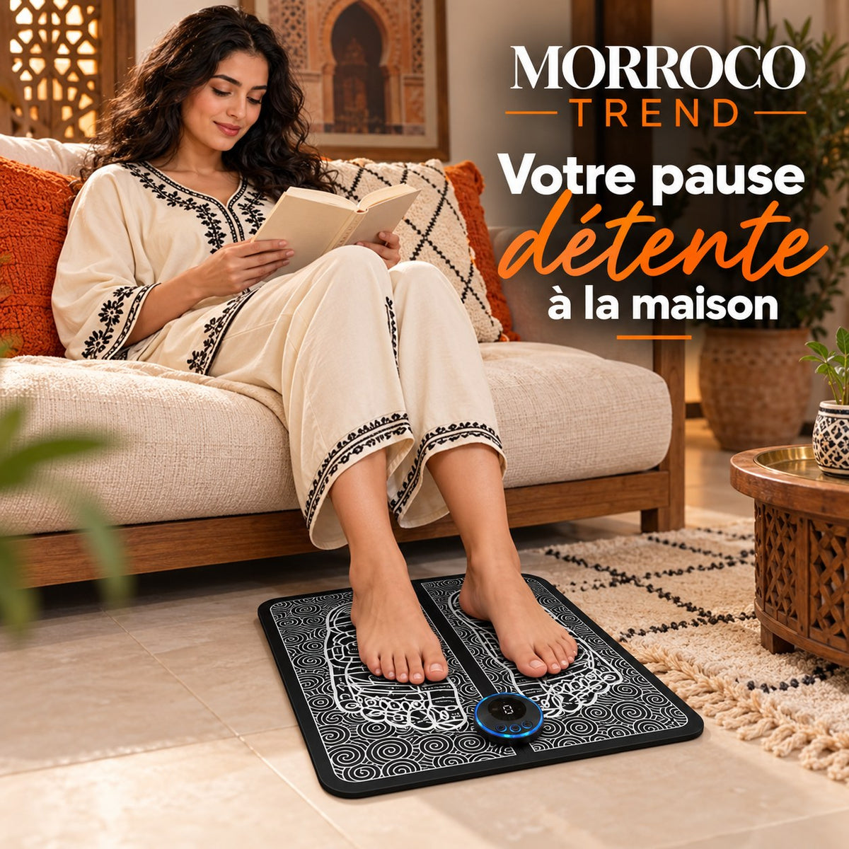 Femme se détendant dans son salon avec le tapis de massage des pieds